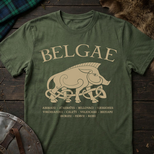 Green t-shirt with 'BELGAE' and pig design on a wooden surface