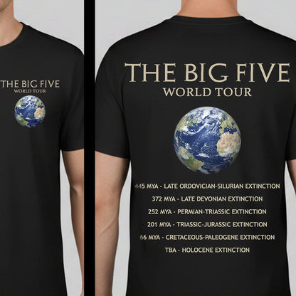 Black short-sleeve T-shirt shown on a model from the front and back. The front has a small Earth graphic with the text 'THE BIG FIVE WORLD TOUR' on the chest.