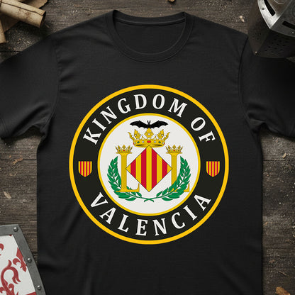 Black t-shirt with 'Kingdom of Valencia' emblem on a wooden surface