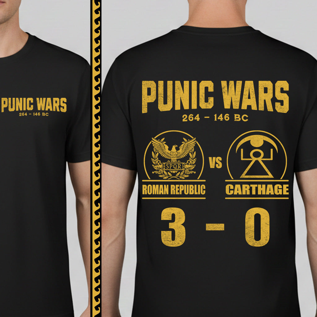 Black t-shirt with 'Punic Wars' design featuring Roman Republic vs Carthage on a white background