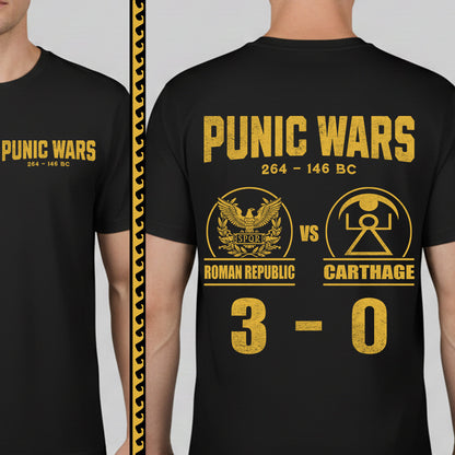 Black t-shirt with 'Punic Wars' design featuring Roman Republic vs Carthage on a white background