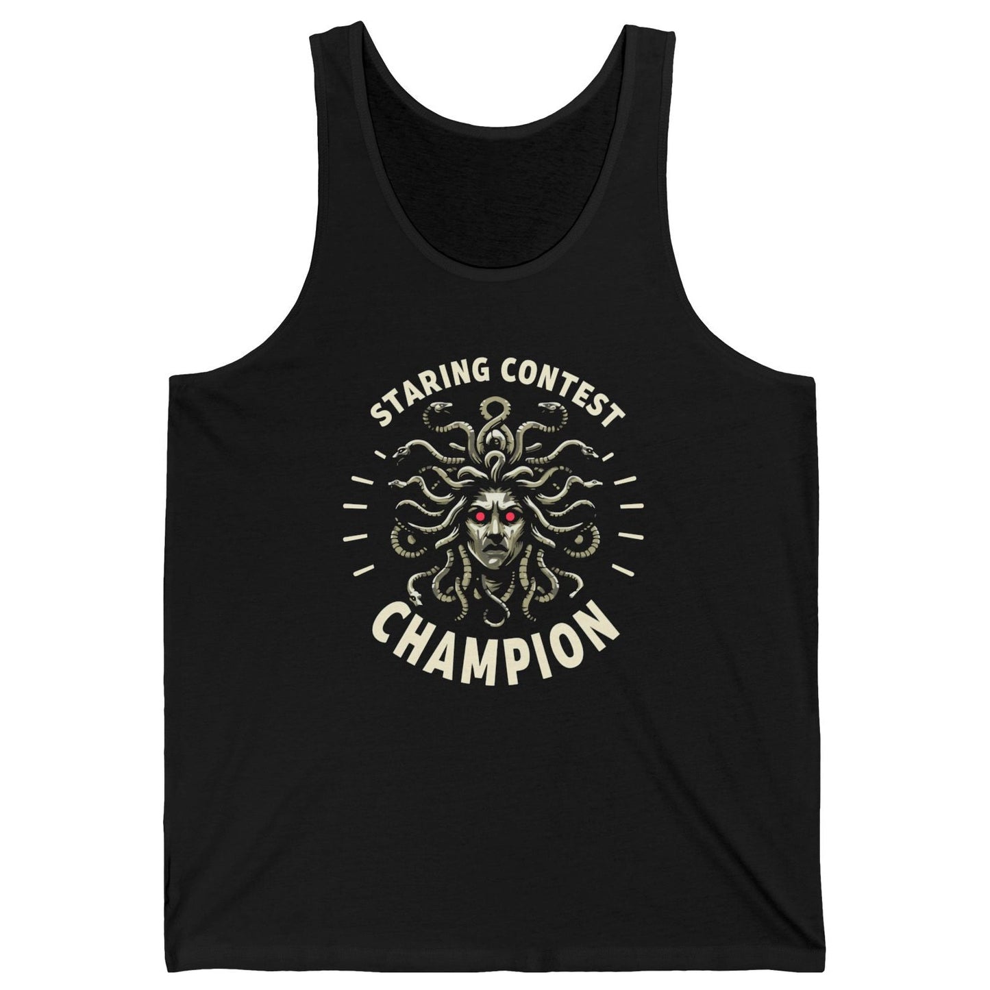 Black tank top with Medusa graphic and 'Staring Contest Champion' text on a white background