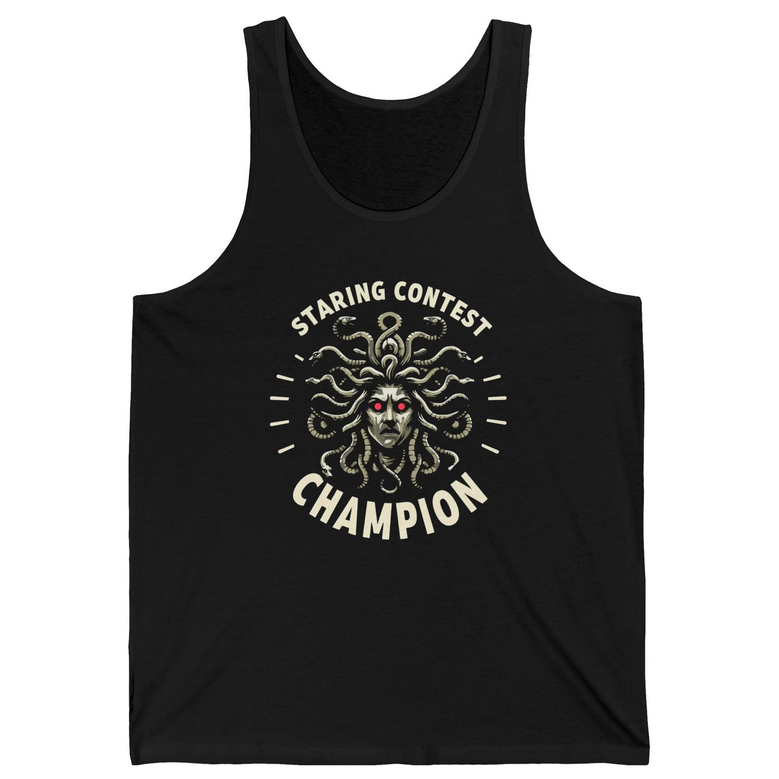 Black tank top with Medusa graphic and 'Staring Contest Champion' text on a white background