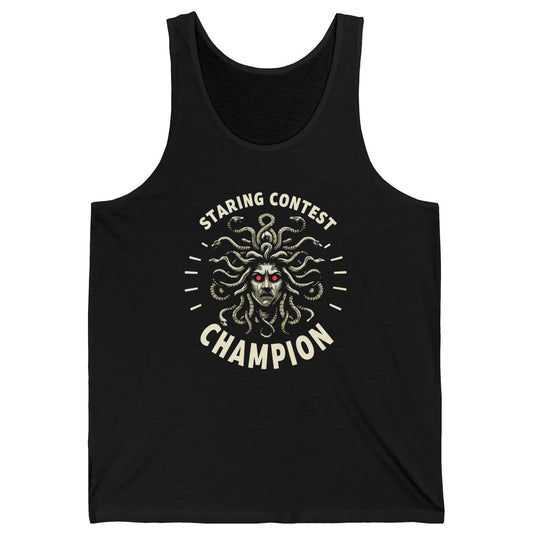 Black tank top with Medusa graphic and 'Staring Contest Champion' text on a white background