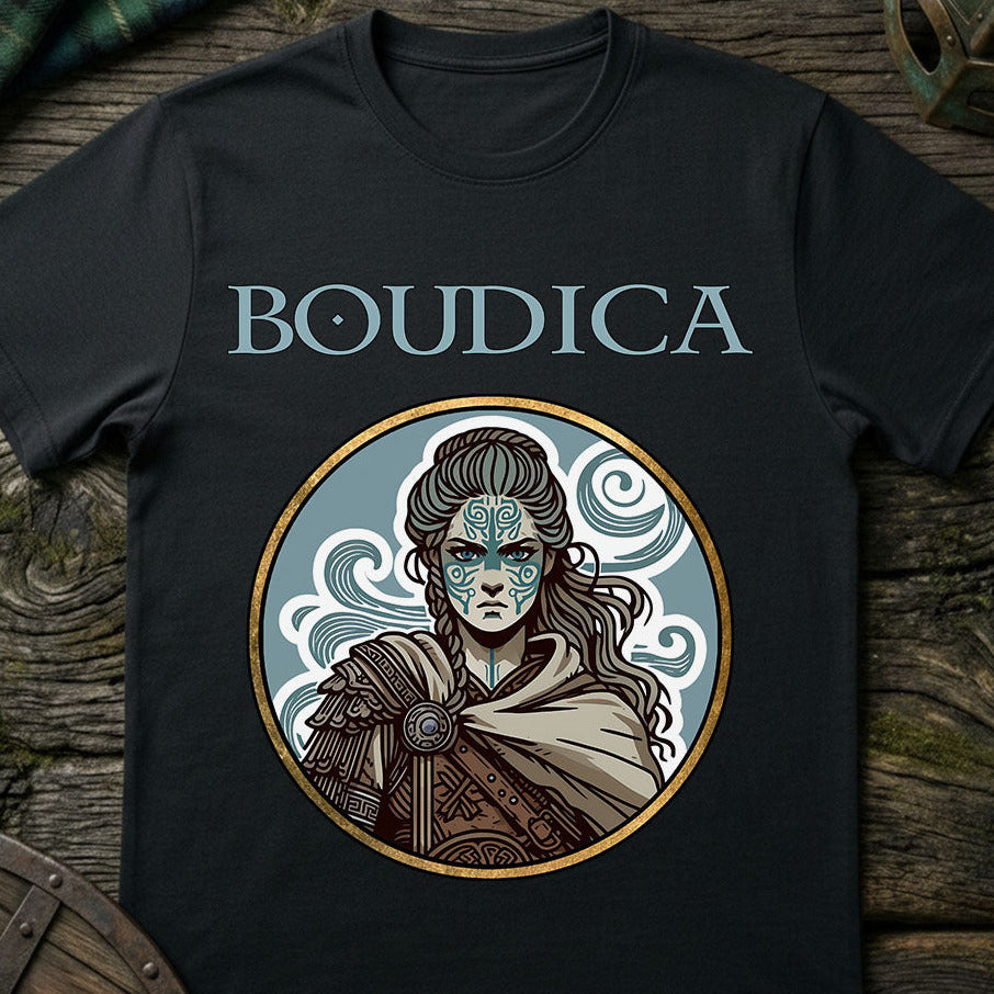 Black t-shirt with Boudica design on a wooden surface