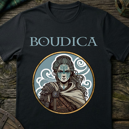 Black t-shirt with Boudica design on a wooden surface