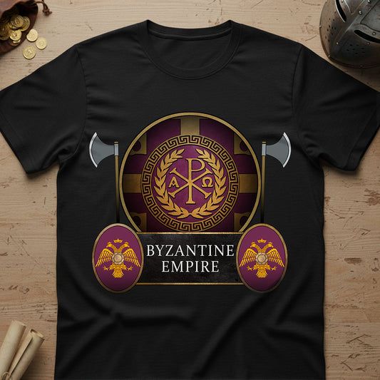 Black t-shirt with Byzantine Empire design on a wooden surface with coins and helmet.
