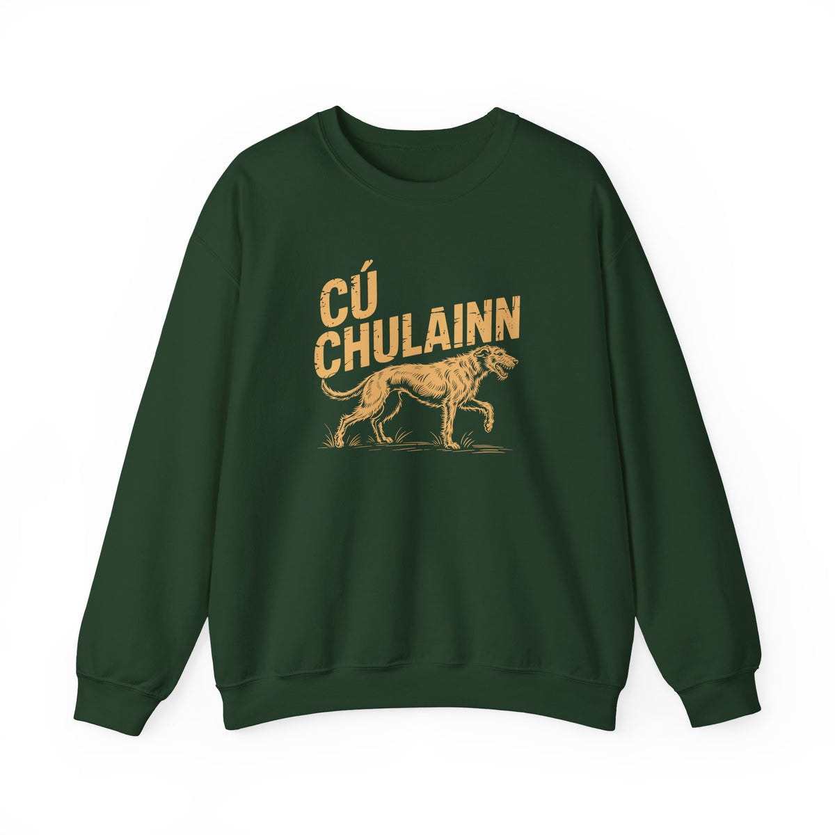 A dark green crewneck sweatshirt featuring a vintage-style tan graphic of a dog and the text 'CÚ CHULAINN' on the front, displayed against a solid white background.