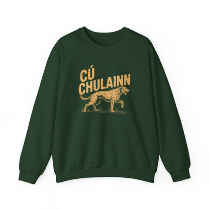 A dark green crewneck sweatshirt featuring a vintage-style tan graphic of a dog and the text 'CÚ CHULAINN' on the front, displayed against a solid white background.