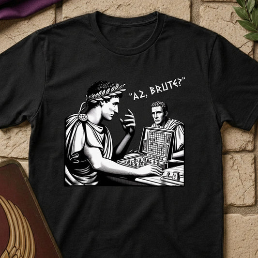 Julius Caesar Pun Black t-shirt with graphic design of classical figures playing chess on a stone surface.