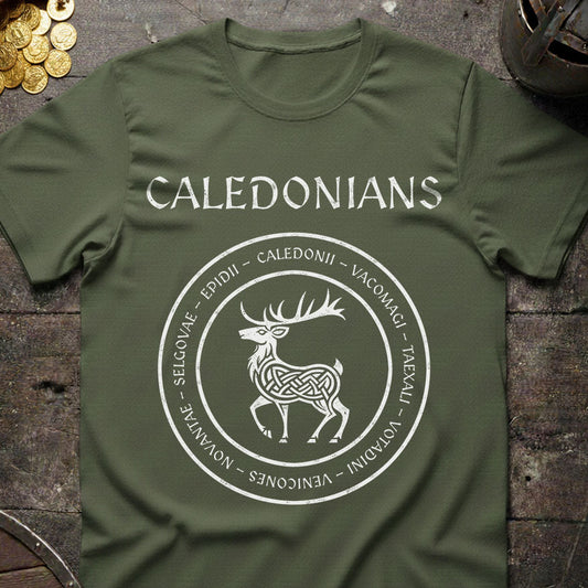 Green t-shirt with 'CALEDONIANS' and deer design surface.