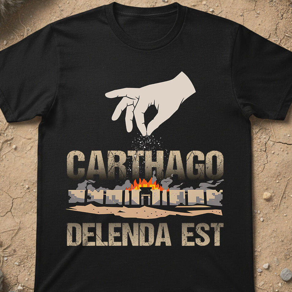 Carthago Delenda Est Black t-shirt with a graphic design and text on a textured beige background