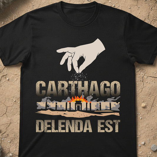 Carthago Delenda Est Black t-shirt with a graphic design and text on a textured beige background