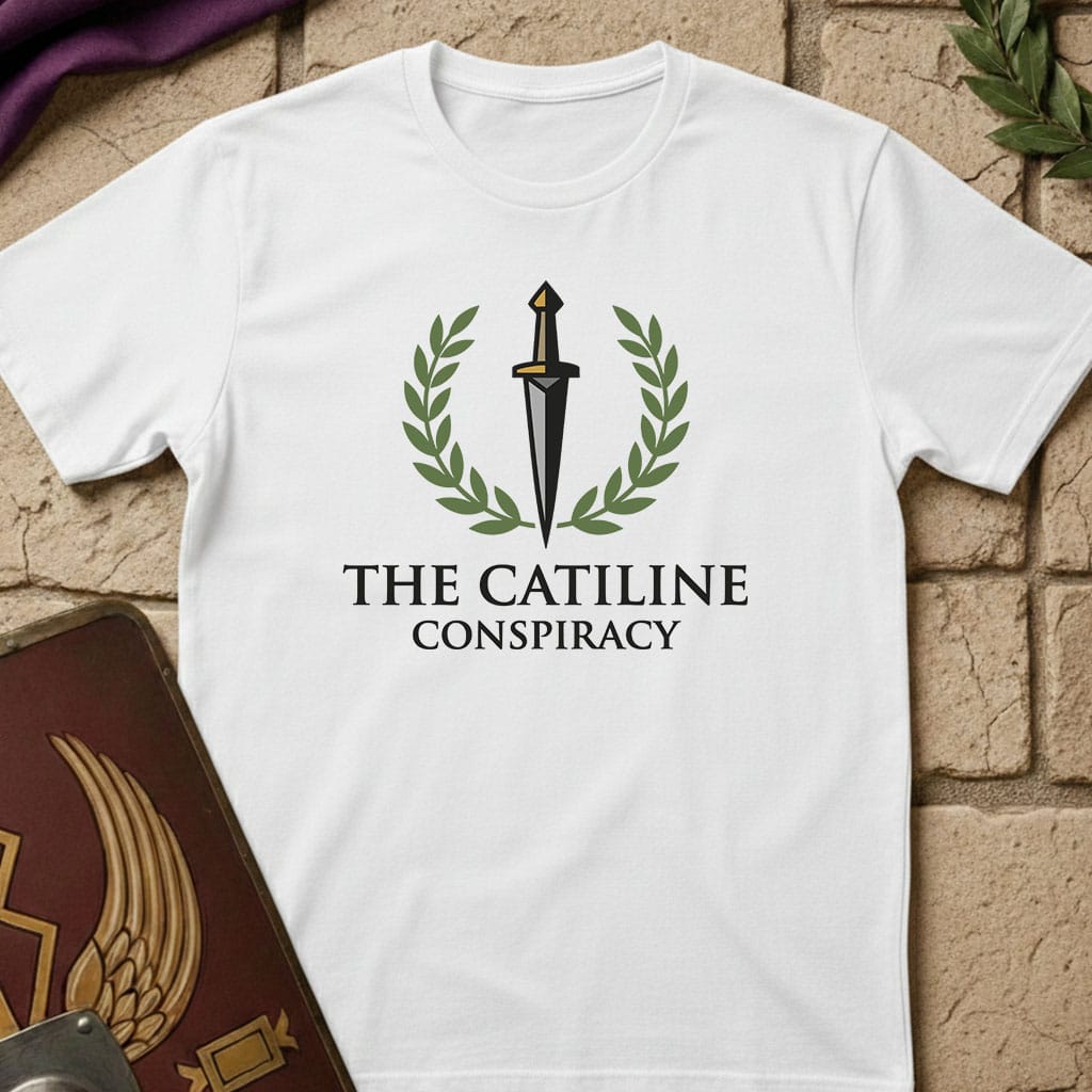 A white short-sleeve T-shirt laid flat on a tan stone-textured background, featuring a central graphic of a sword surrounded by green laurel branches and the words 'THE CATILINE CONSPIRACY' in black. Decorative props including a purple fabric corner, a green leaf, and part of a brown book are visible around the shirt.