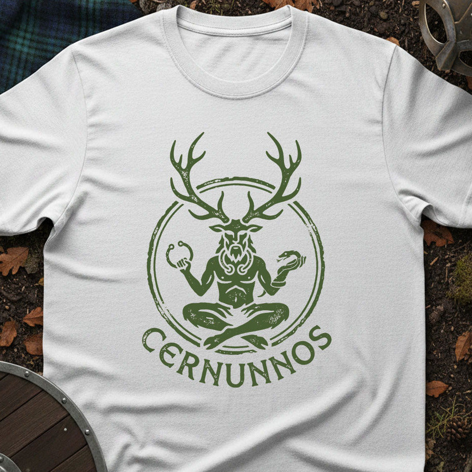White t-shirt with green graphic design featuring Cernunnos and text on a natural background