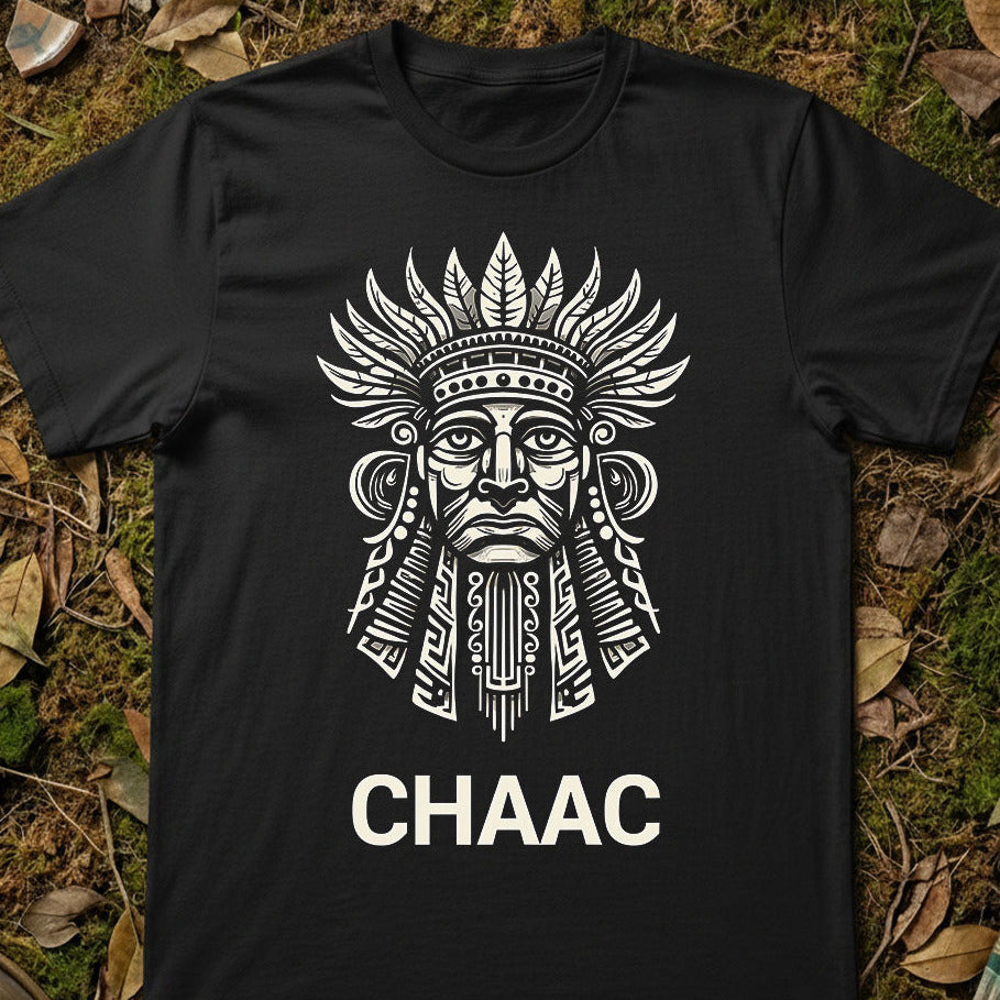 Black t-shirt with a white graphic and 'CHAAC' text on a natural background