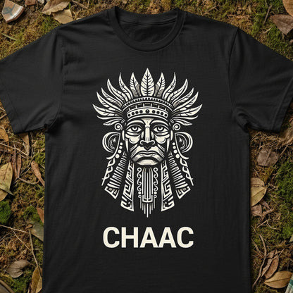 Black t-shirt with a white graphic and 'CHAAC' text on a natural background