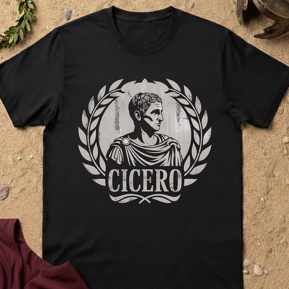 Black t-shirt with Cicero graphic on a textured surface