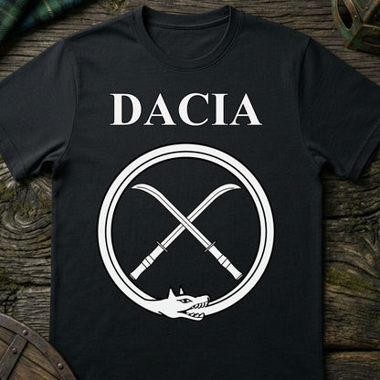 Black t-shirt with 'Dacia' design on a wooden surface