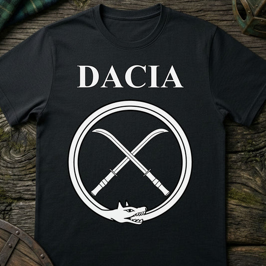 Black t-shirt with 'Dacia' design on a wooden surface