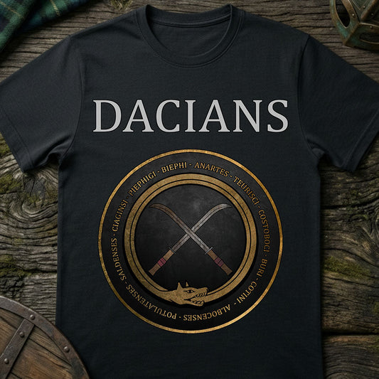 Black t-shirt with 'Daciens' design on a wooden surface