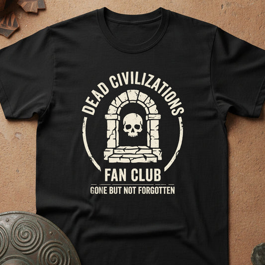 Black t-shirt with 'Dead Civilizations Fan Club' design on a textured surface