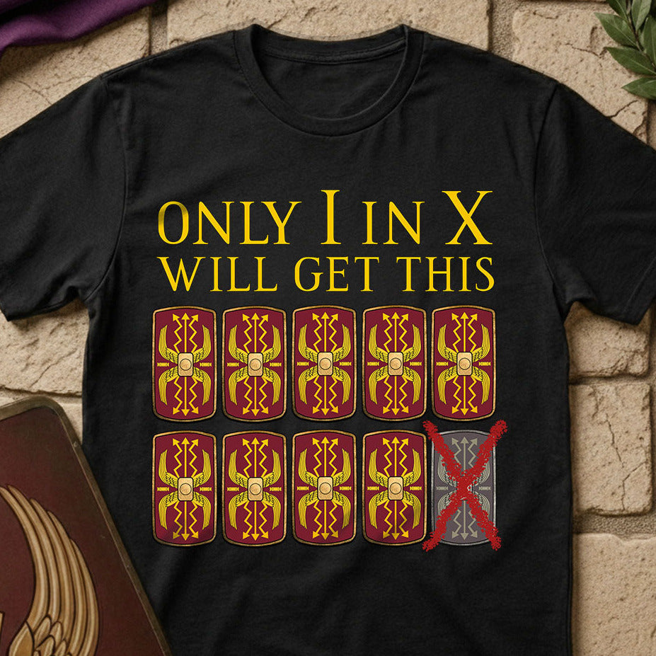 Roman Legion Decimation Pun 
Black t-shirt with yellow text and tarot card design on a stone surface