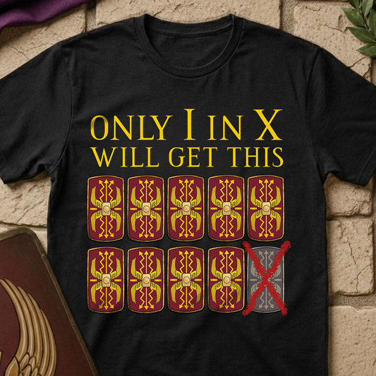 Roman Legion Decimation Pun 
Black t-shirt with yellow text and tarot card design on a stone surface