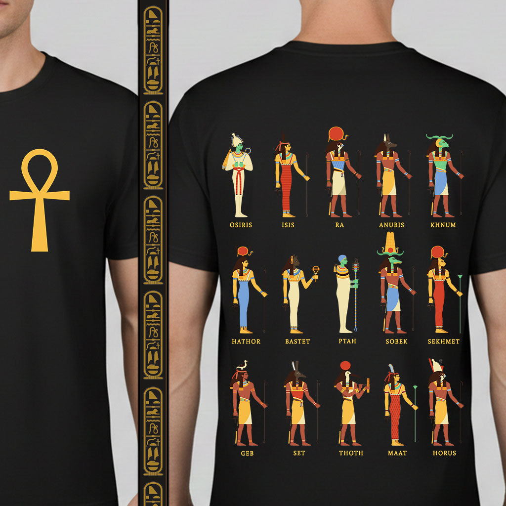 Black t-shirt with Egyptian gods illustration on the front and back