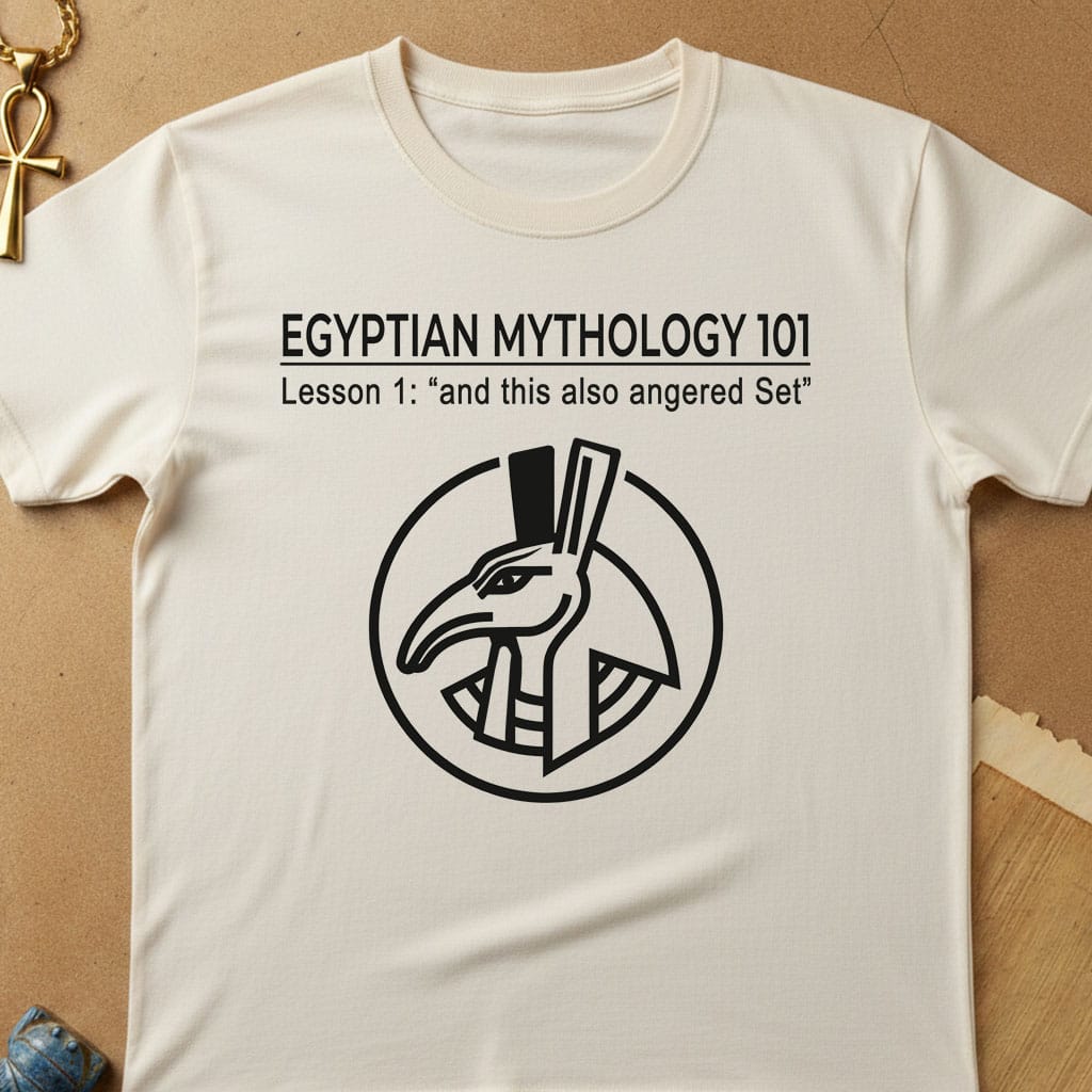 An off-white crewneck t-shirt featuring a black graphic print that reads 'EGYPTIAN MYTHOLOGY 101 Lesson 1: "and this also angered Set"' above an illustration of the Egyptian God of Evil, Set, wearing a top hat. The shirt is laid flat on a textured tan background with decorative props.