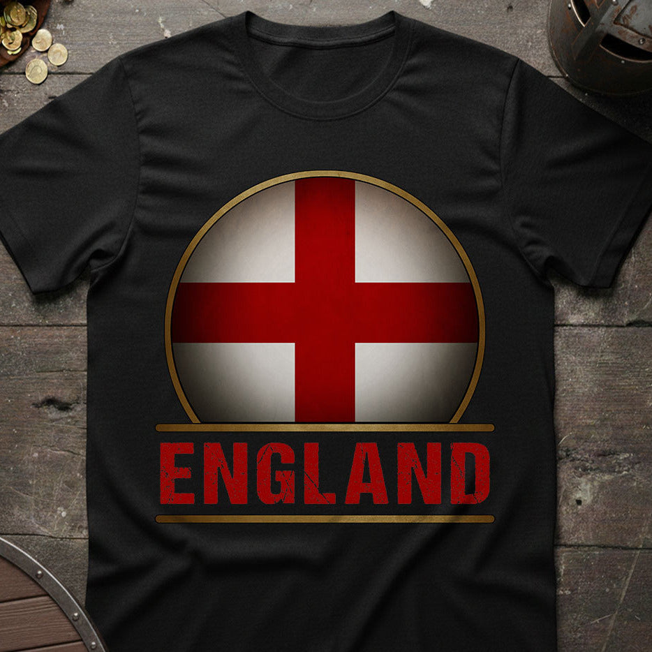 Black t-shirt with England flag design on a wooden surface