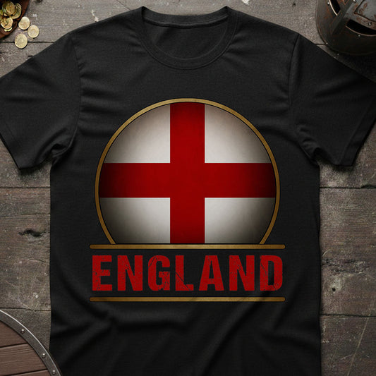Black t-shirt with England flag design on a wooden surface