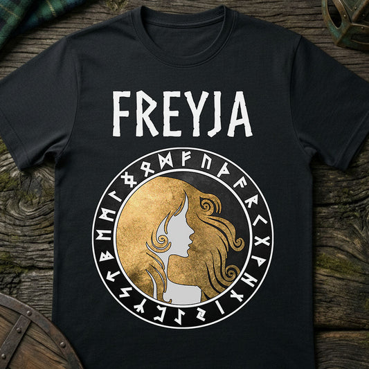 Black t-shirt with 'Freyja' design featuring a woman's profile and runes on a wooden surface.