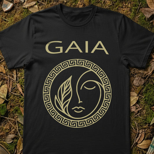 Black t-shirt with 'GAIA' design on a natural background