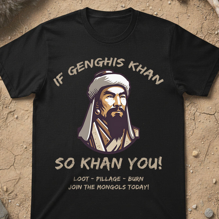Black t-shirt with Genghis Khan graphic and text on a textured beige background