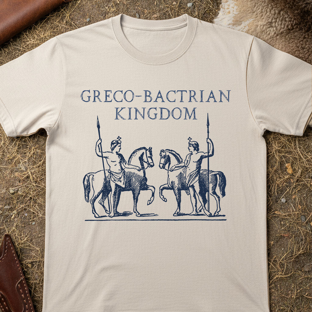 Beige t-shirt with 'Greco-Bactrian Kingdom' design featuring castor and pollux the dioscuri