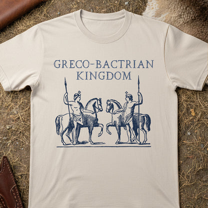 Beige t-shirt with 'Greco-Bactrian Kingdom' design featuring castor and pollux the dioscuri
