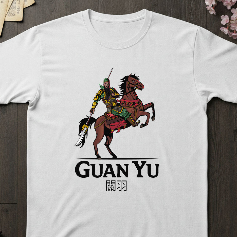 White t-shirt with Guan Yu graphic and text on a wooden surface