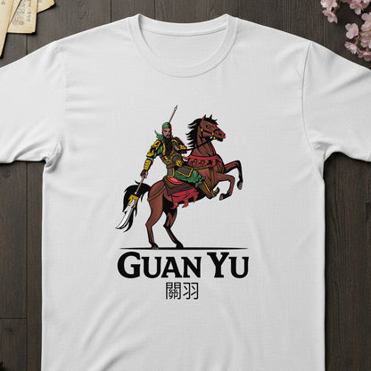 White t-shirt with Guan Yu graphic and text on a wooden surface