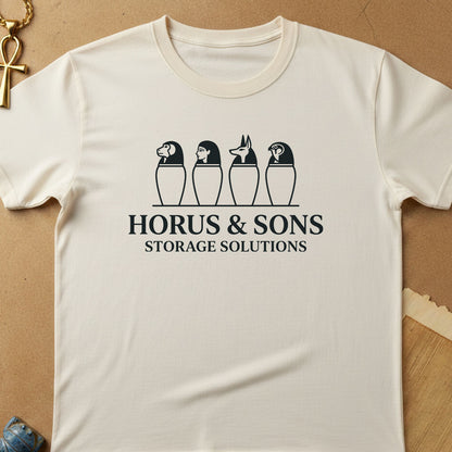 An off-white crewneck t-shirt laid flat on a tan textured background, featuring a black graphic of four pharaohs and the text 'HORUS & SONS STORAGE SOLUTIONS'.