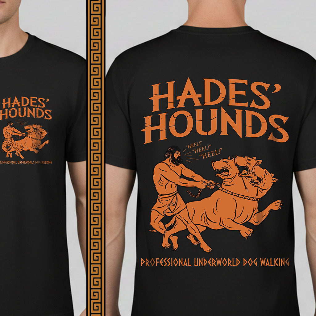 Black t-shirt with 'Hades' Hounds' graphic design on a plain background
