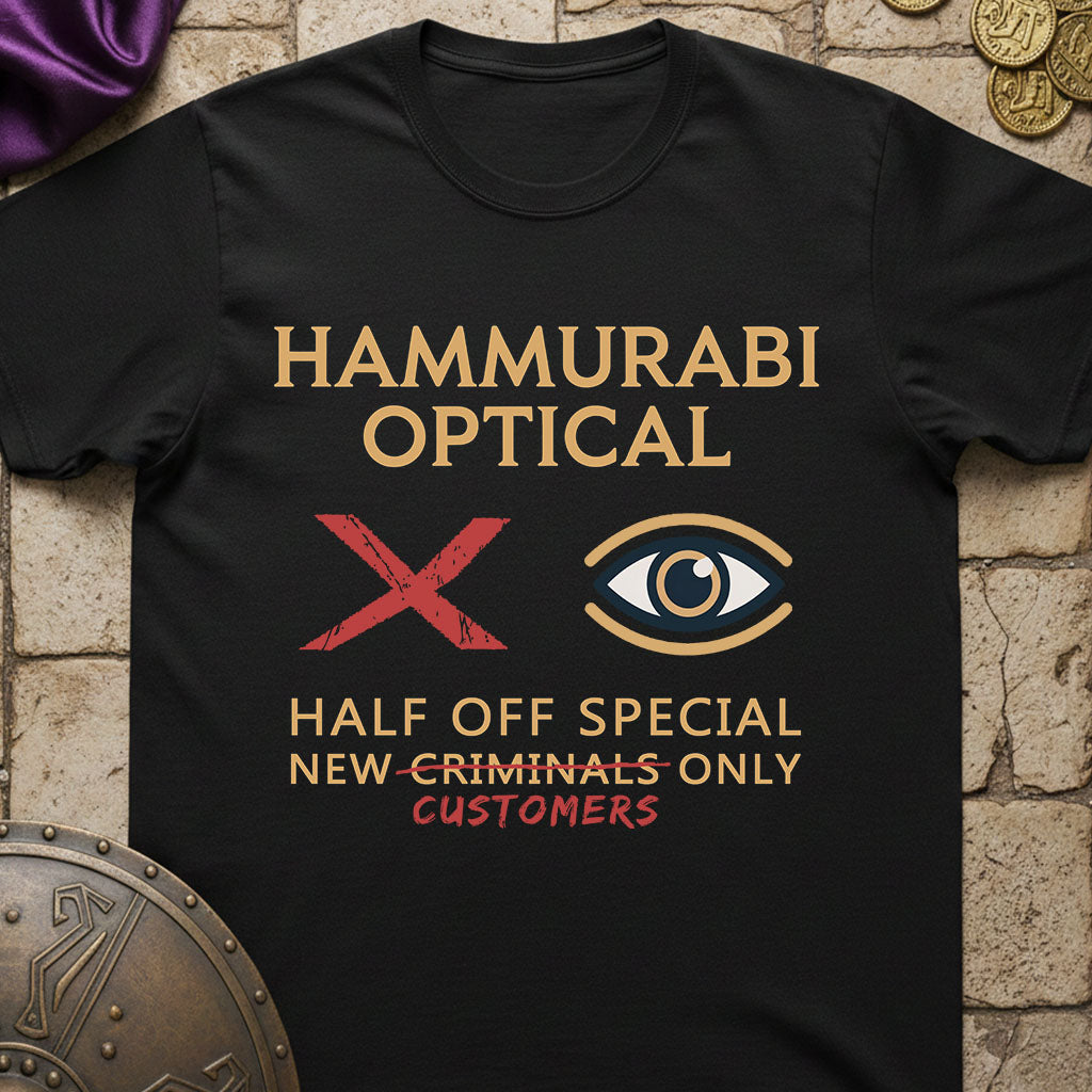 Black t-shirt with 'Hammurabi Optical' text and symbols on a stone surface.