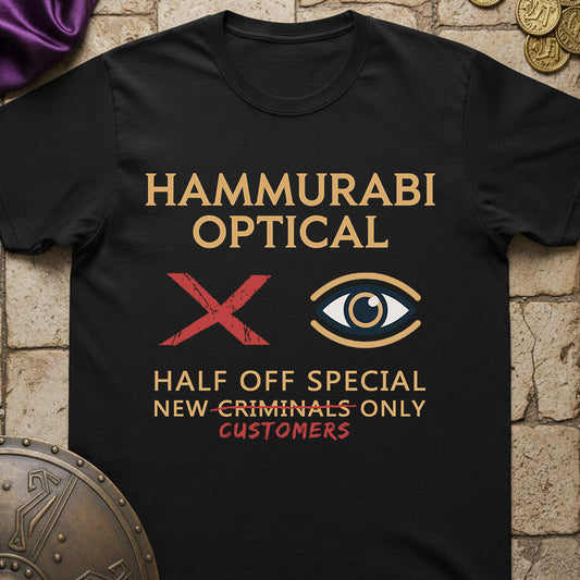 Black t-shirt with 'Hammurabi Optical' text and symbols on a stone surface.