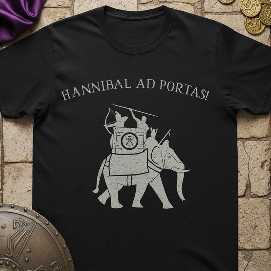 Black t-shirt with white graphic and text 'HANNIBAL AD PORTAS!' on a stone surface.