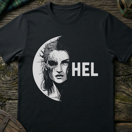 Viking Goddess Hel Black t-shirt with a graphic of a face and 'HEL' text on a wooden surface