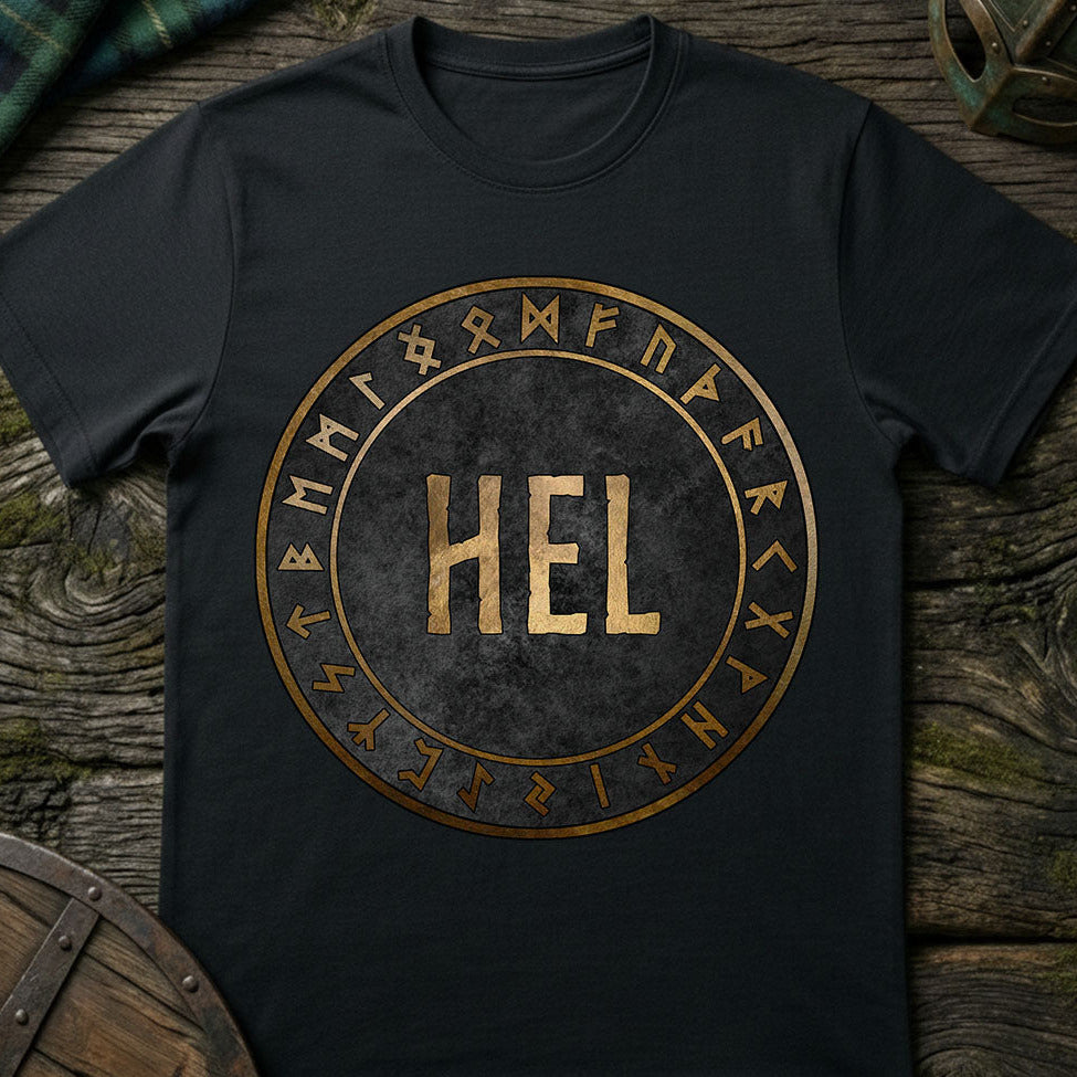 Black t-shirt with gold 'HEL' design on a wooden surface