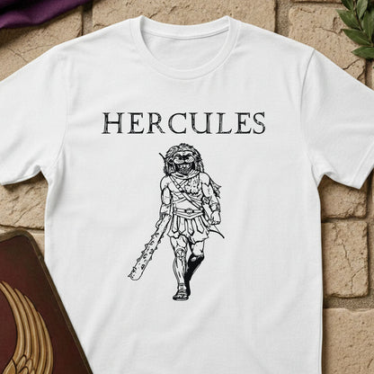White t-shirt with 'HERCULES' graphic design on a textured surface