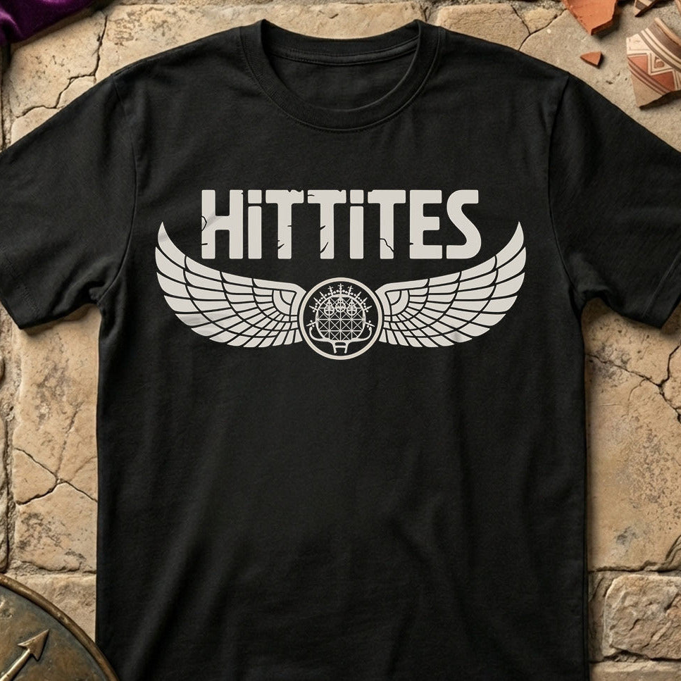 Black t-shirt with 'HITTITES' design on a stone surface