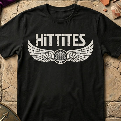Black t-shirt with 'HITTITES' design on a stone surface