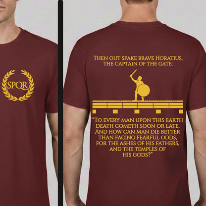 A maroon short-sleeve t-shirt shown on a model from both the front and back. The front left chest features a gold laurel wreath with 'SPQR' text for horatius at the bridge